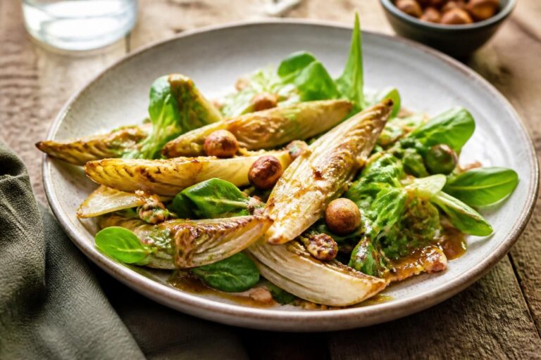 Gebratener Chicorée mit Salzkaramell, Feldsalat, Dijonvinaigrette und gerösteten Haselnüssen auf einem weißen Teller, von oben fotografiert