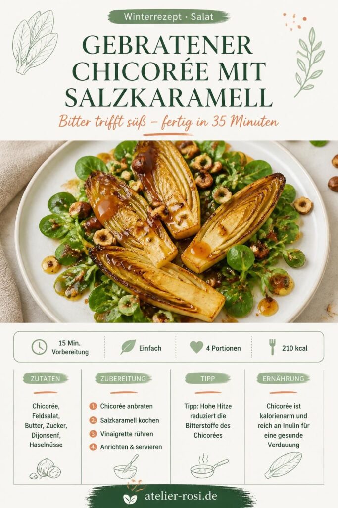 Gebratener Chicorée mit Salzkaramell, Feldsalat und Haselnüssen – Pinterest-Rezeptkarte