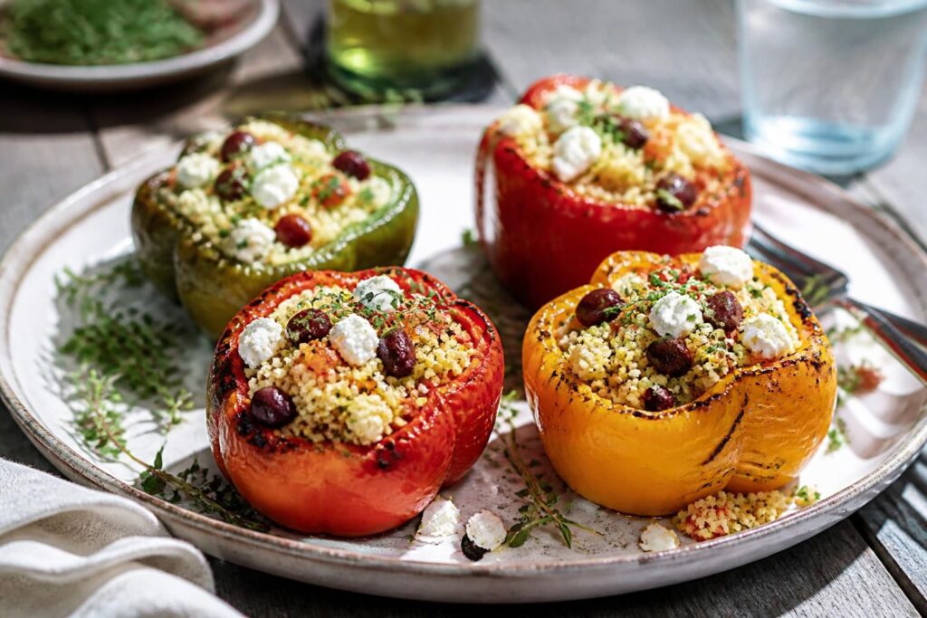 Gefüllte Paprika vom Grill mit Feta und Couscous auf einem Holzbrett, garniert mit frischer Petersilie und Zitronenspalten