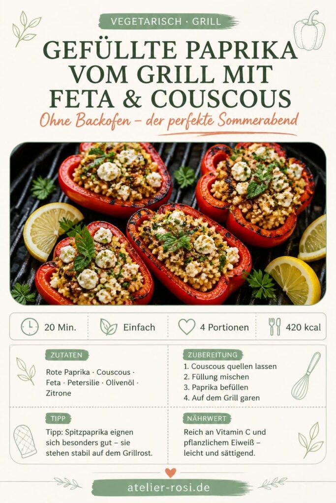 Gefüllte Paprika vom Grill mit Feta und Couscous – Pinterest-Rezeptkarte von atelier-rosi.de