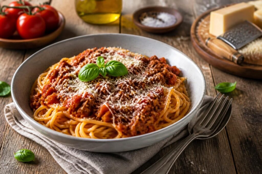 Ragù alla Bolognese im Schmortopf, serviert auf frischen Tagliatelle, mit Karotten, Sellerie und Rotwein als Zutaten im Hintergrund