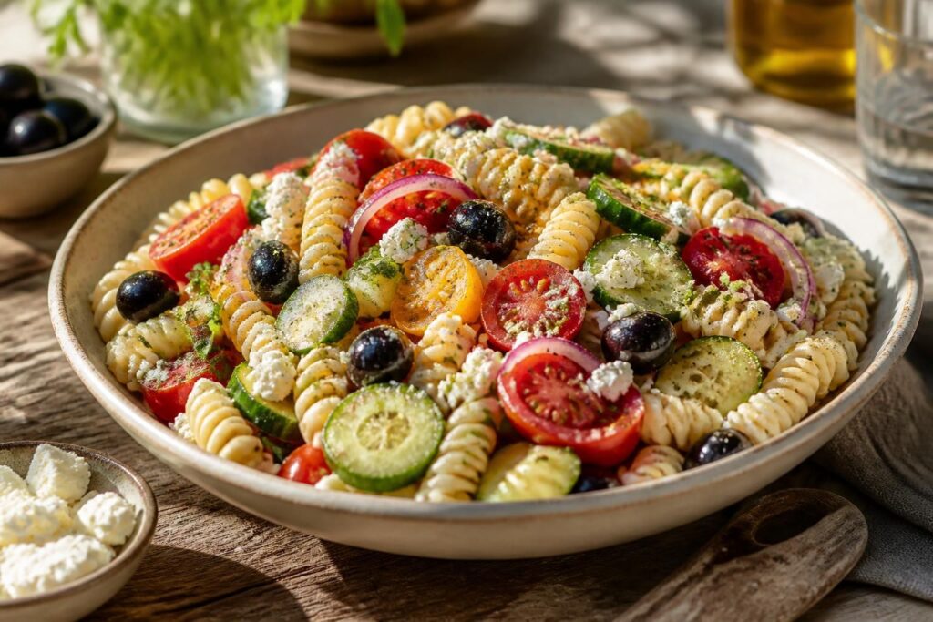 Griechischer Nudelsalat mit Kritharaki, Feta, Kirschtomaten, Gurke und Kalamata-Oliven in einer weißen Schüssel, von oben fotografiert