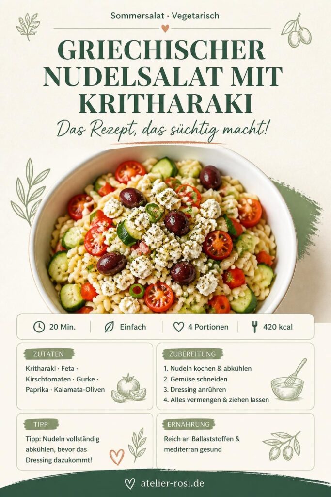 Griechischer Nudelsalat mit Kritharaki, Feta und Kalamata-Oliven – Pinterest-Rezeptkarte