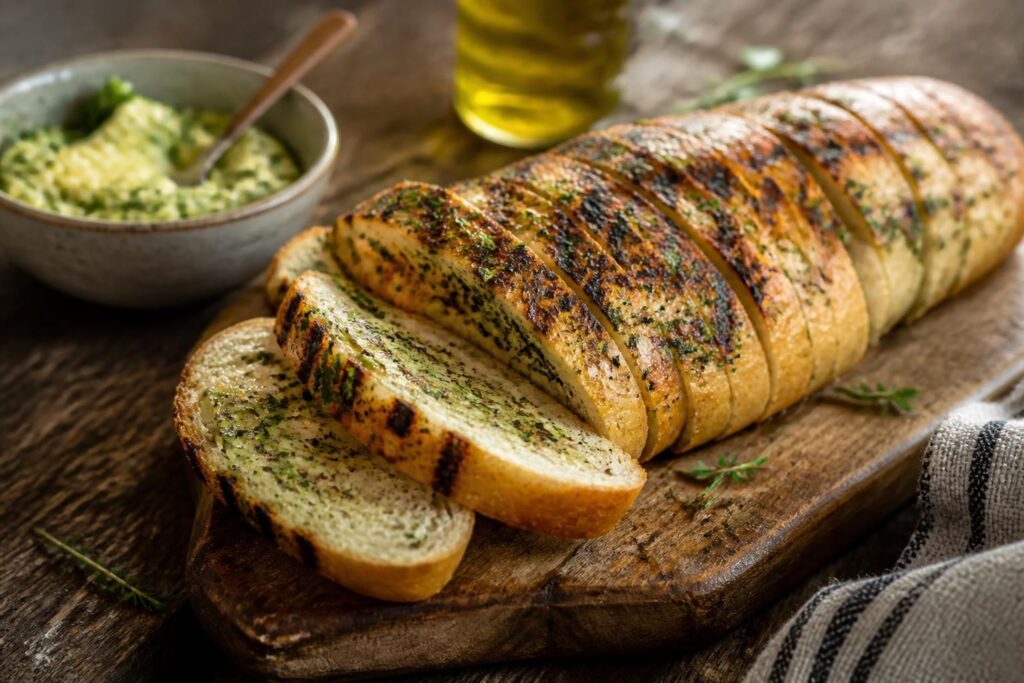 Grillbrot mit selbst gemachter Kräuterbutter auf dem Rost, goldbraun gegrillt mit sichtbaren Grillstreifen und frischen Kräutern