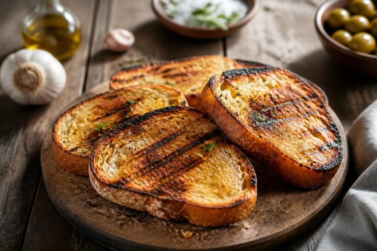 Knuspriges Grillbrot vom Rost mit Rosmarin und Olivenöl, goldbraun gegrillt, auf einem Holzbrett serviert