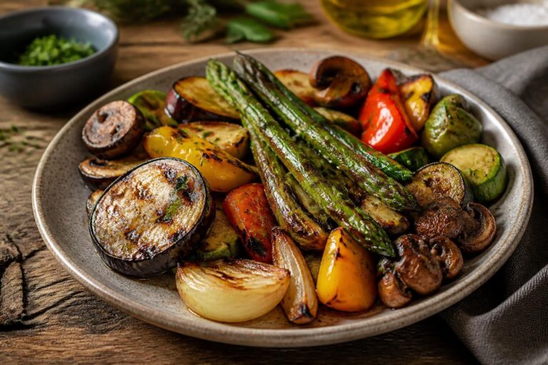 Bunt mariniertes Grillgemüse mit Joghurt-Marinade auf einem Holzbrett: Zucchini, Paprika und Aubergine, bestreut mit Kräutern und Fleur de Sel