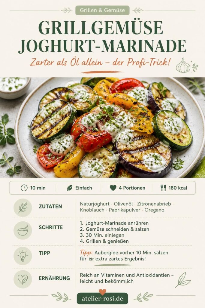 Grillgemüse mit Joghurt-Marinade auf dem Rost: Zucchini, Aubergine und Paprika mit sichtbaren Grillstreifen