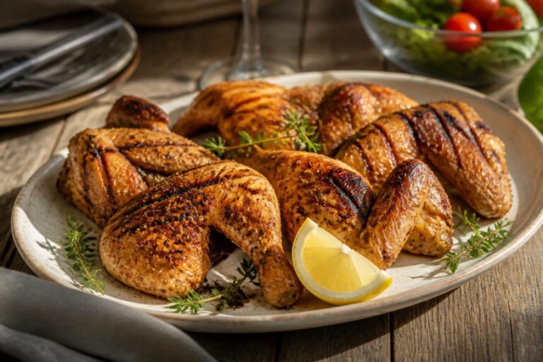 Grillhähnchen mit goldener Kruste auf dem Rost, mariniert im Henssler-Stil mit Kokos-Curry und Soja-Honig-Chili, Limettenscheiben daneben