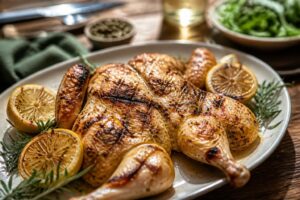 Knuspriges Grillhähnchen mit Zitronenmarinade auf einem Holzbrett, flach aufgeklappt, mit frischen Kräutern und Zitronenscheiben garniert