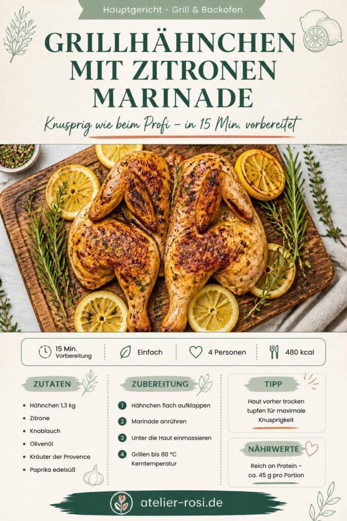 Knuspriges Grillhähnchen mit Zitronenmarinade, flach aufgeklappt auf einem Holzbrett mit Zitronenscheiben und frischen Kräutern