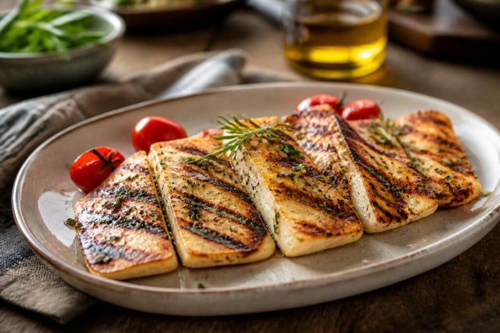 Goldbraun gegrillter Halloumi auf dem Rost mit sichtbarer Kruste und Grillstreifen, frische Kräuter daneben