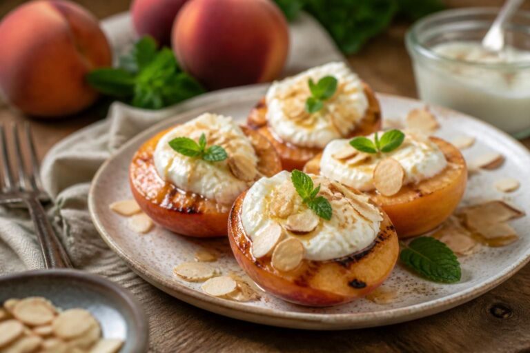 Gegrillte Pfirsichhälften mit Mascarpone-Mandelcreme auf einem Holzbrett, beträufelt mit Honig und Zimt, servierfertig als Sommerdessert