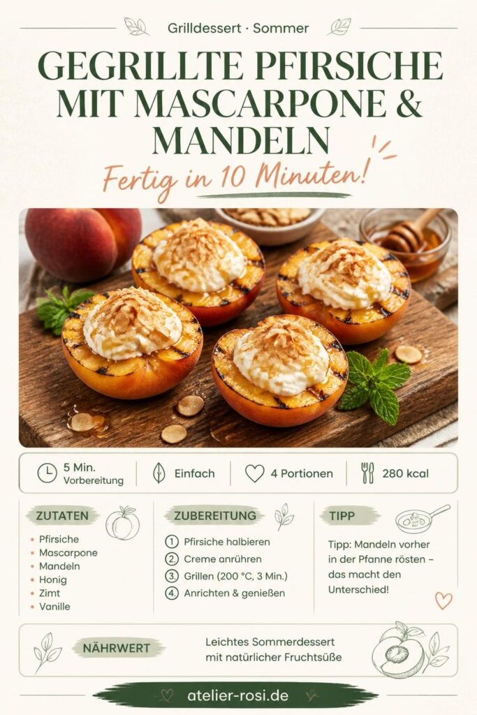 Gegrillte Pfirsiche mit Mascarpone-Mandelcreme auf einem Holzbrett – Pinterest-Rezeptkarte