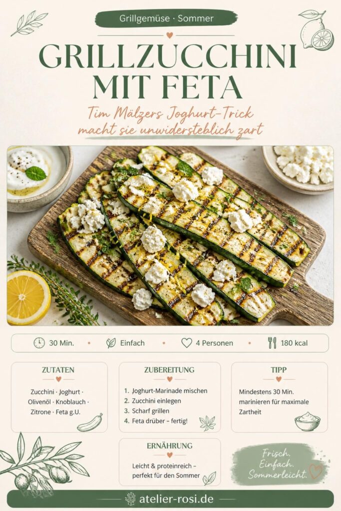 Grillzucchini mit Feta und Joghurt-Marinade nach Tim Mälzers Trick auf einem Holzbrett