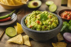 Frisch zubereitete cremige Guacamole in einer Tonschüssel mit Tortilla-Chips, Limettenscheiben und frischem Koriander auf einem Holzbrett