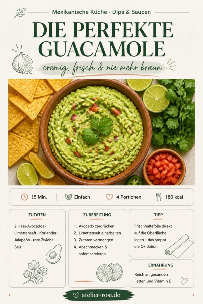 Cremige Guacamole in einer Tonschüssel mit Tortilla-Chips und Limette – Pinterest-Rezeptkarte