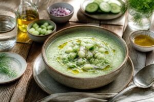 Gurken-Gazpacho in einem weißen tiefen Teller, garniert mit Kräuteröl, Feta-Würfeln und frischer Minze – Draufsicht auf hellem Holzuntergrund