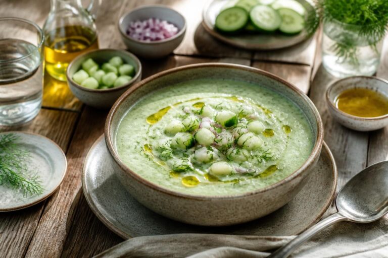 Gurken-Gazpacho in einem weißen tiefen Teller, garniert mit Kräuteröl, Feta-Würfeln und frischer Minze – Draufsicht auf hellem Holzuntergrund