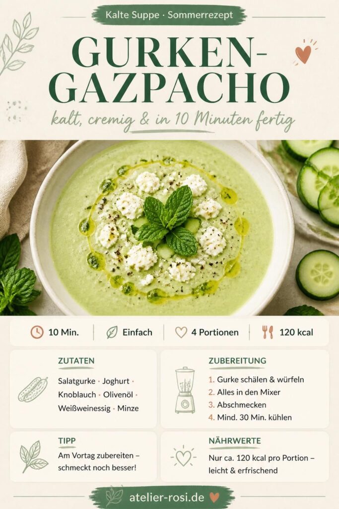Gurken-Gazpacho Pin: kalt, cremig und in 10 Minuten fertig – das Sommerrezept für heiße Tage