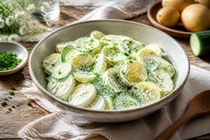 Gurken-Kartoffel-Salat mit cremigem Buttermilch-Schnittlauch-Dressing in einer Schüssel, von oben fotografiert