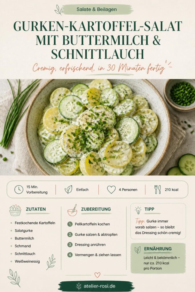 Gurken-Kartoffel-Salat mit Buttermilch-Schnittlauch-Dressing – Pinterest-Rezeptkarte