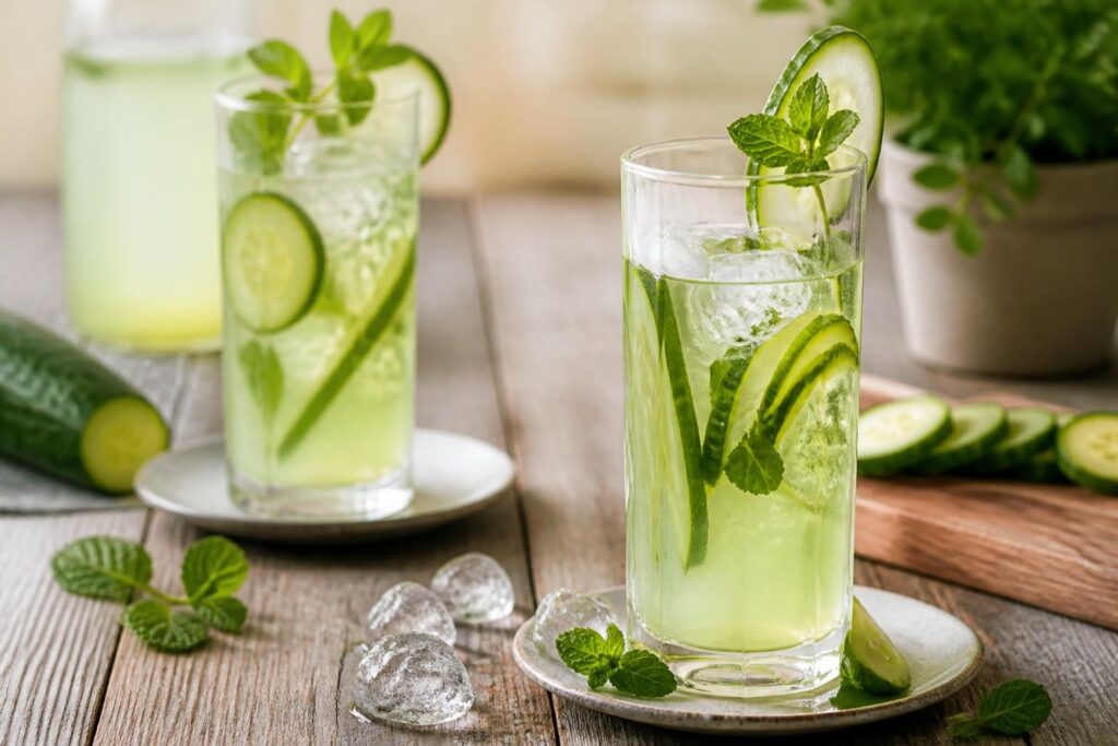 Ein hohes Glas Gurken-Limonade mit Minze, Gurkenscheiben und Eiswürfeln auf hellem Untergrund, von oben fotografiert