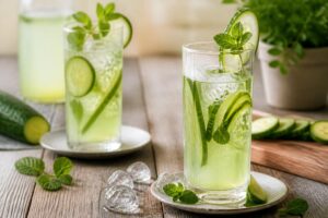 Ein hohes Glas Gurken-Limonade mit Minze, Gurkenscheiben und Eiswürfeln auf hellem Untergrund, von oben fotografiert