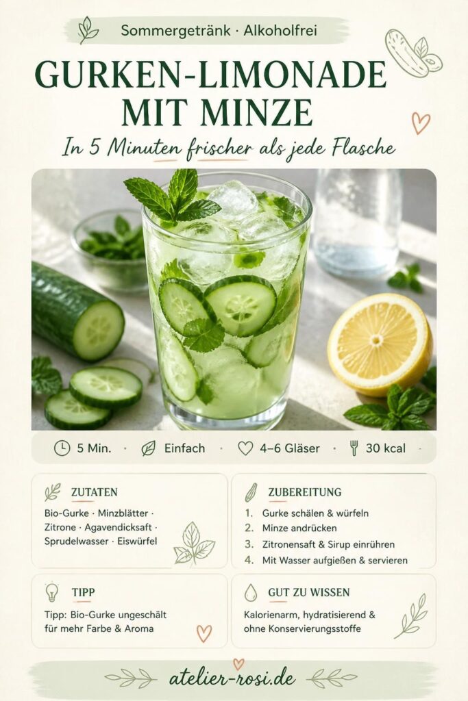 Gurken-Limonade mit Minze im Glas – Pinterest-Rezeptkarte von atelier-rosi.de