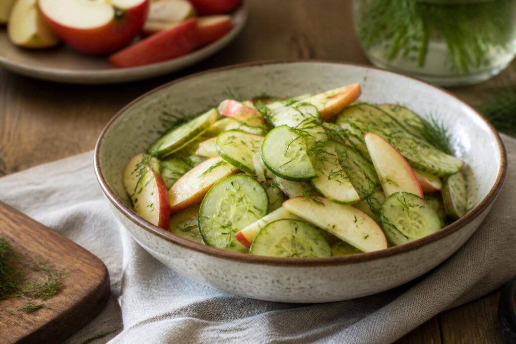 Gurkensalat mit Apfel und frischem Dill in einer weißen Schüssel, angerichtet mit leichtem Joghurt-Dressing und Dillzweigen als Deko