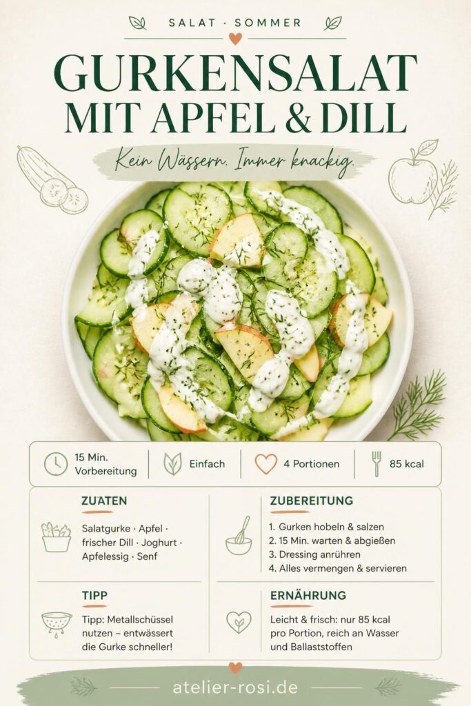 Gurkensalat mit Apfel und Dill in einer weißen Schüssel mit leichtem Joghurt-Dressing