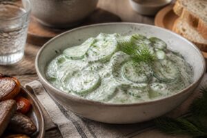 Cremiger Gurkensalat mit Schmand und frischem Dill in einer Glasschüssel, dekoriert mit Dillzweigen, perfekt fürs Grillbuffet