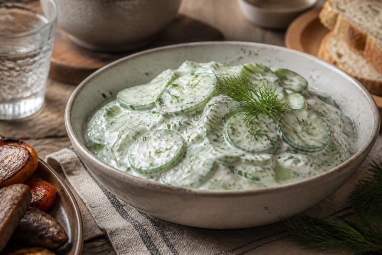 Cremiger Gurkensalat mit Schmand und frischem Dill in einer Glasschüssel, dekoriert mit Dillzweigen, perfekt fürs Grillbuffet