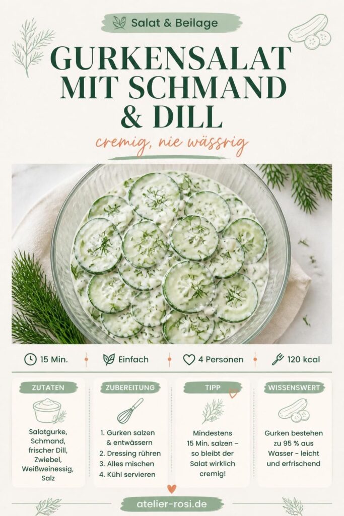 Cremiger Gurkensalat mit Schmand und Dill – Pinterest-Karte mit Rezept und Anti-Wässrig-Trick