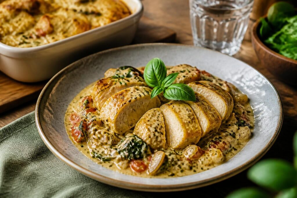 Hähnchenbrustfilet aus der Auflaufform mit cremiger Gemüsesoße aus Paprika, Champignons und Crème fraîche, frisch aus dem Backofen