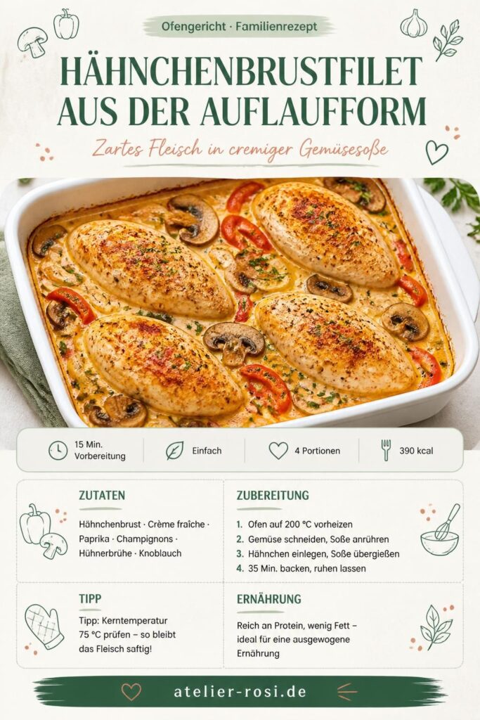 Hähnchenbrustfilet aus der Auflaufform mit cremiger Gemüsesoße – Pinterest-Rezeptkarte