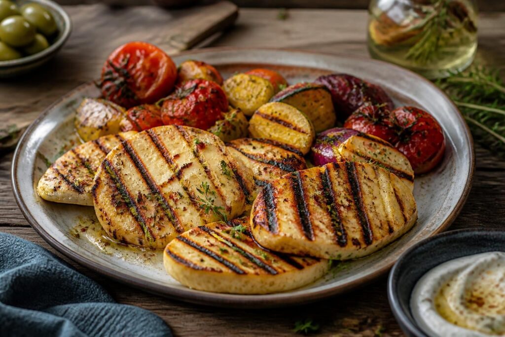 Gegrillter Halloumi auf dem Rost mit goldbrauner Kruste, serviert mit Zuckermelone und frischen Kräutern