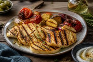 Gegrillter Halloumi auf dem Rost mit goldbrauner Kruste, serviert mit Zuckermelone und frischen Kräutern