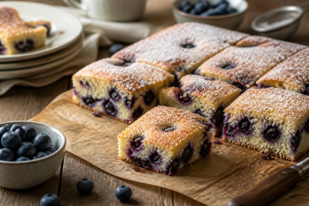 Saftiger Heidelbeer-Buttermilchkuchen vom Blech, mit frischen Blaubeeren und Puderzucker bestäubt, auf einem Holztisch