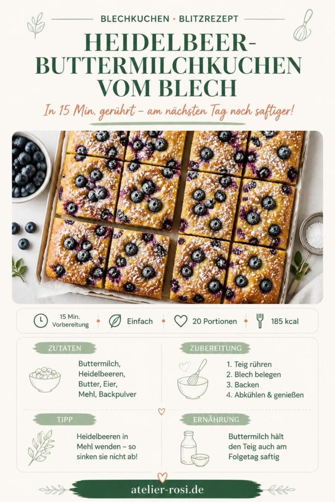Heidelbeer-Buttermilchkuchen vom Blech mit Puderzucker, Pinterest-Rezeptbild