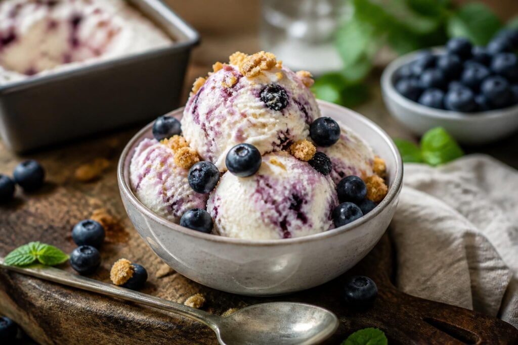 Heidelbeer-Cheesecake-Eis ohne Eismaschine in einer Keramikschale, cremig und violett marmoriert, mit frischen Heidelbeeren und Butterkeksbröseln garniert