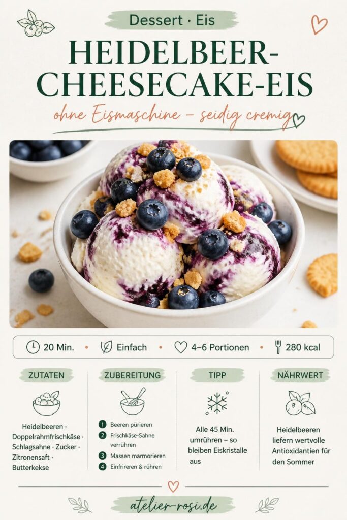 Heidelbeer-Cheesecake-Eis ohne Eismaschine – cremig und violett marmoriert, mit frischen Heidelbeeren garniert