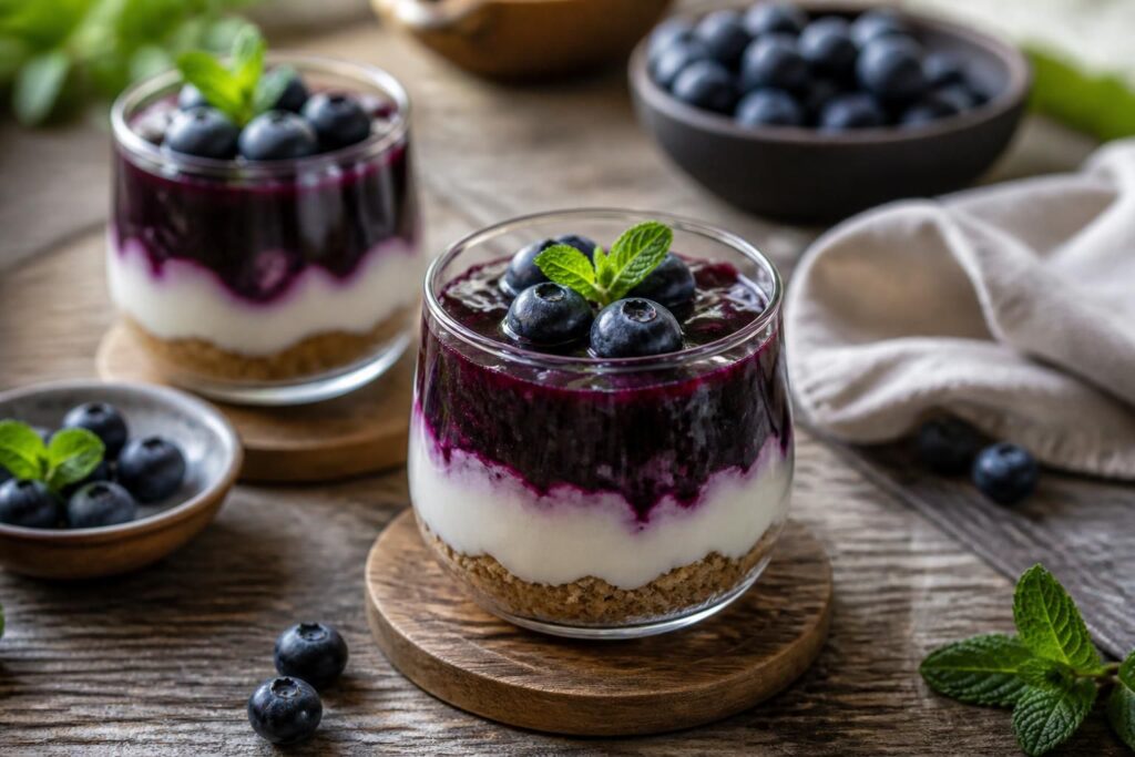 Heidelbeer-Dessert im Glas ohne Gelatine, löffelfest mit Quarkcreme und frischen Heidelbeeren, in Portionsgläsern angerichtet
