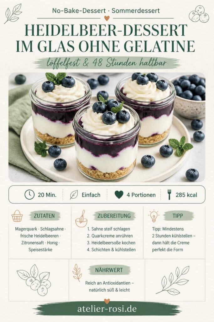 Heidelbeer-Dessert im Glas ohne Gelatine, löffelfest mit Quarkcreme und frischen Heidelbeeren