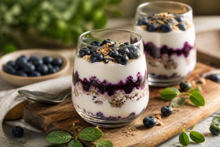 Heidelbeer-Frischkäse-Dessert im Glas mit sichtbaren Fruchtkompott-Schichten, Keksboden und cremiger Frischkäsecreme – Nahaufnahme von oben