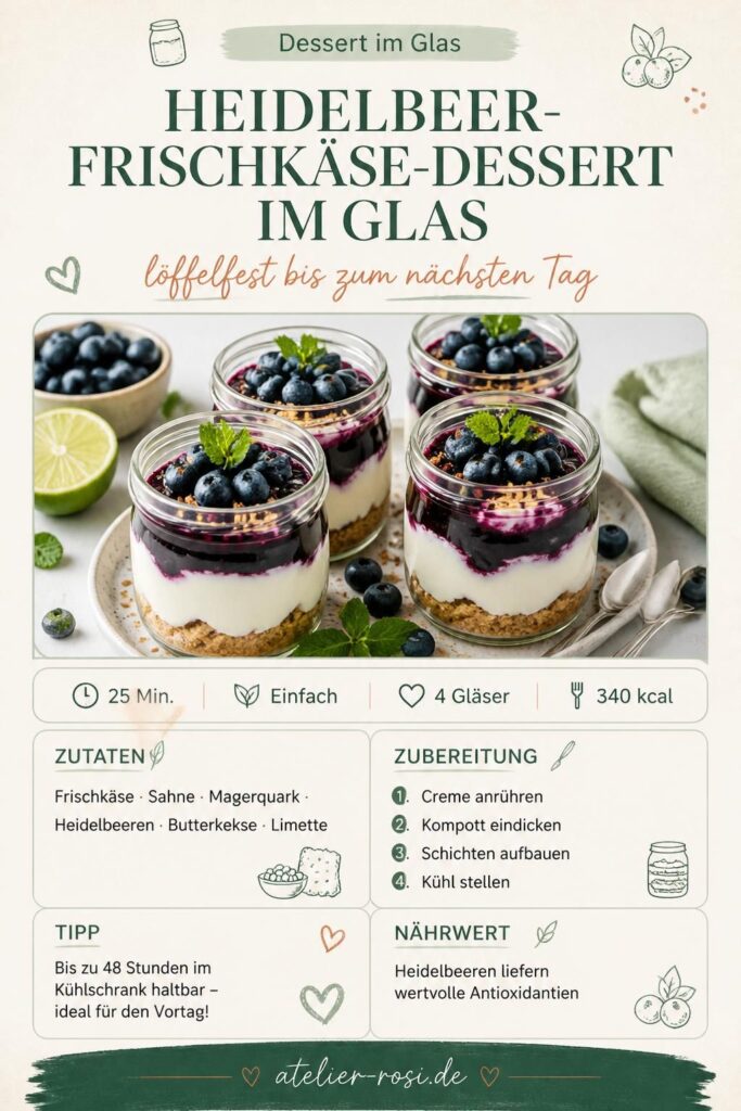 Heidelbeer-Frischkäse-Dessert im Glas mit Schichten aus Keksboden, Frischkäsecreme und Heidelbeerkompott