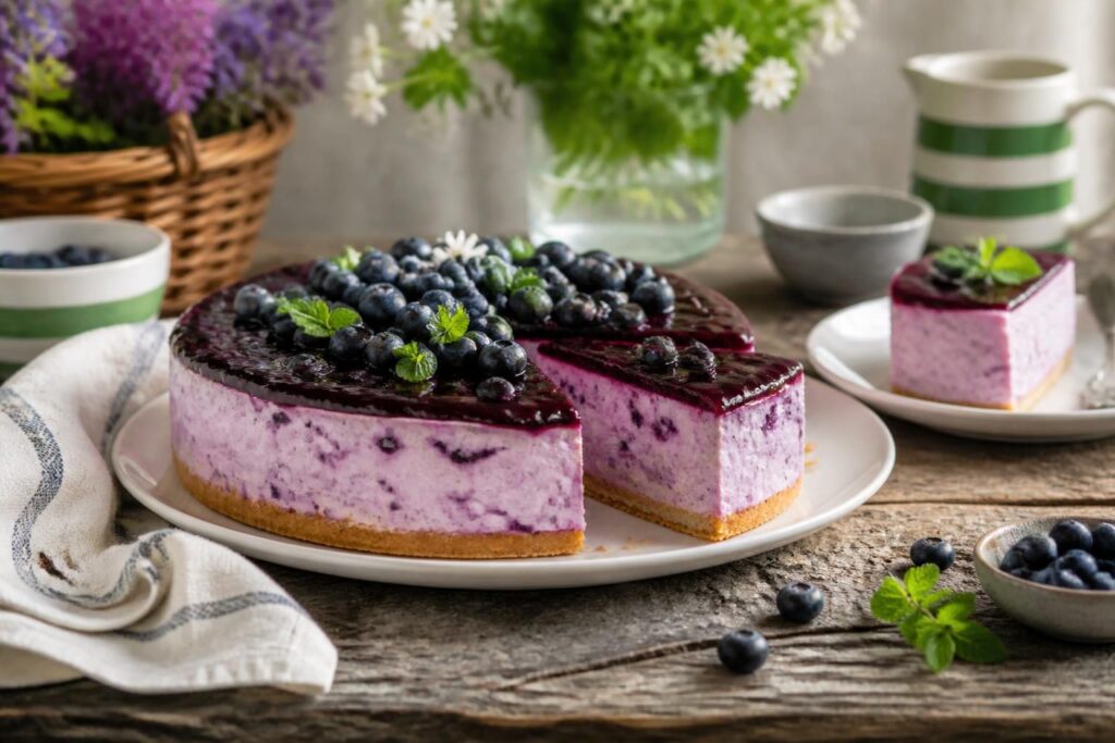 Heidelbeer-Käsekuchen ohne Backen auf einem weißen Teller, mit frischen Blaubeeren und cremiger Mascarpone-Füllung auf knusprigem Keksboden