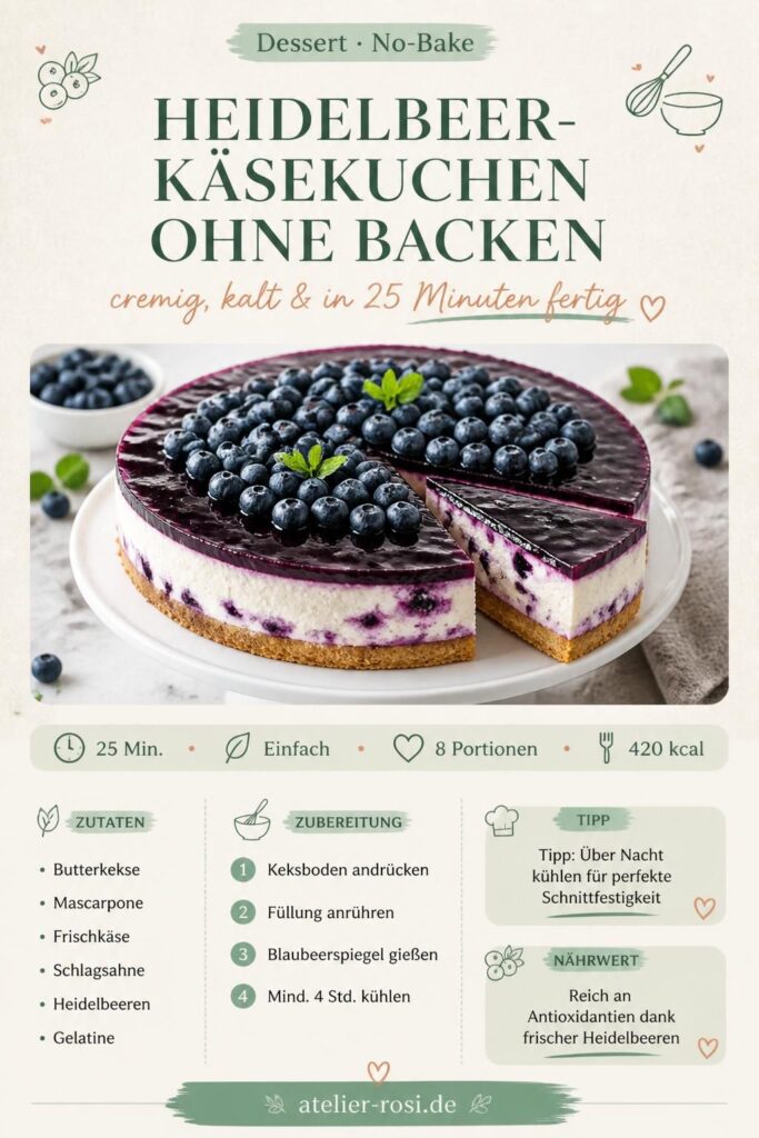 Heidelbeer-Käsekuchen ohne Backen – No-Bake-Cheesecake mit Blaubeerspiegel auf knusprigem Keksboden, Pinterest-Pin
