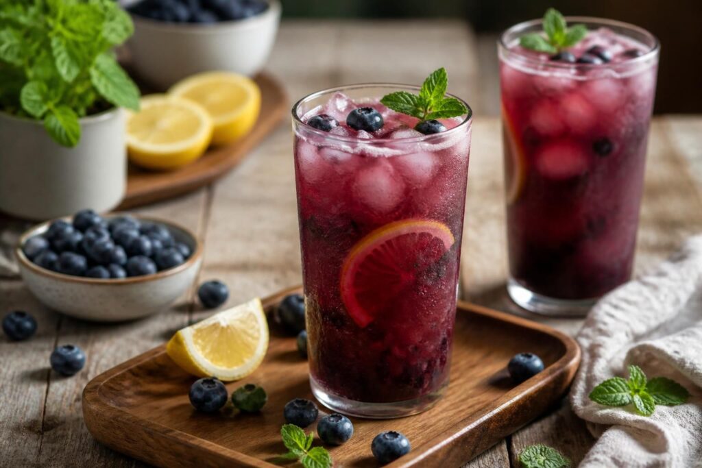 Zwei Gläser Heidelbeer-Limonade ohne Zucker mit Eiswürfeln, frischen Blaubeeren und Minzblättern auf einem hellen Holztisch