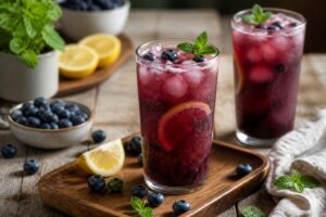 Zwei Gläser Heidelbeer-Limonade ohne Zucker mit Eiswürfeln, frischen Blaubeeren und Minzblättern auf einem hellen Holztisch