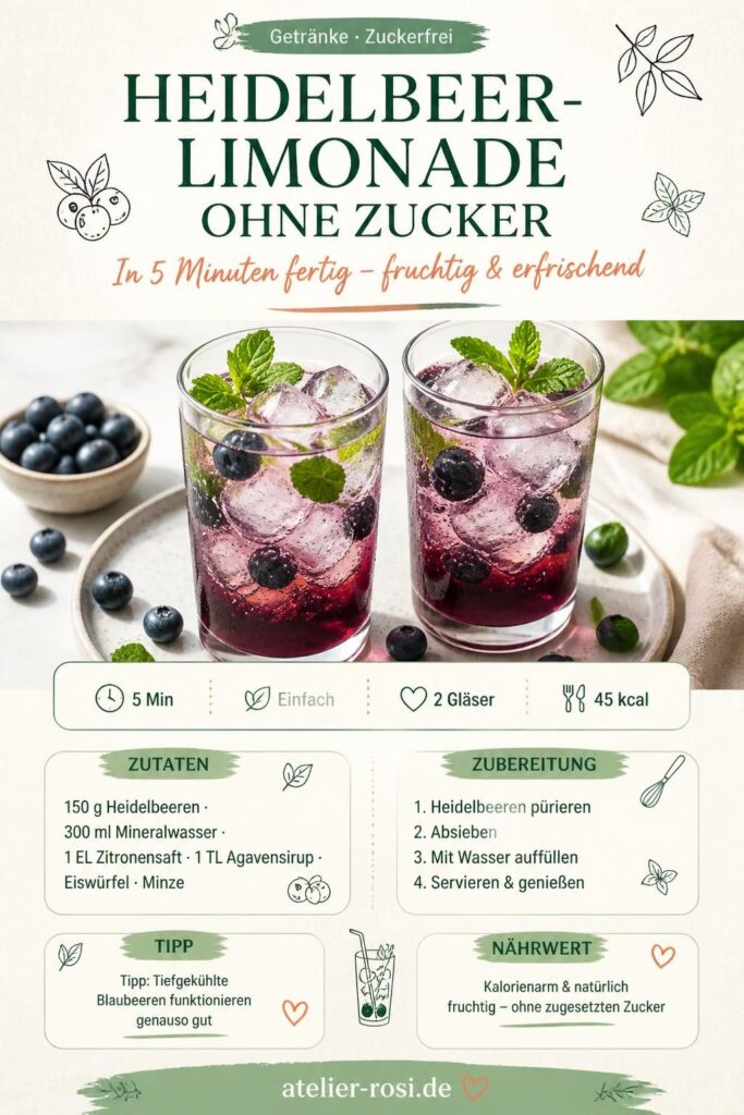 Pinterest-Bild: Heidelbeer-Limonade ohne Zucker in zwei Gläsern mit Eiswürfeln und Minze